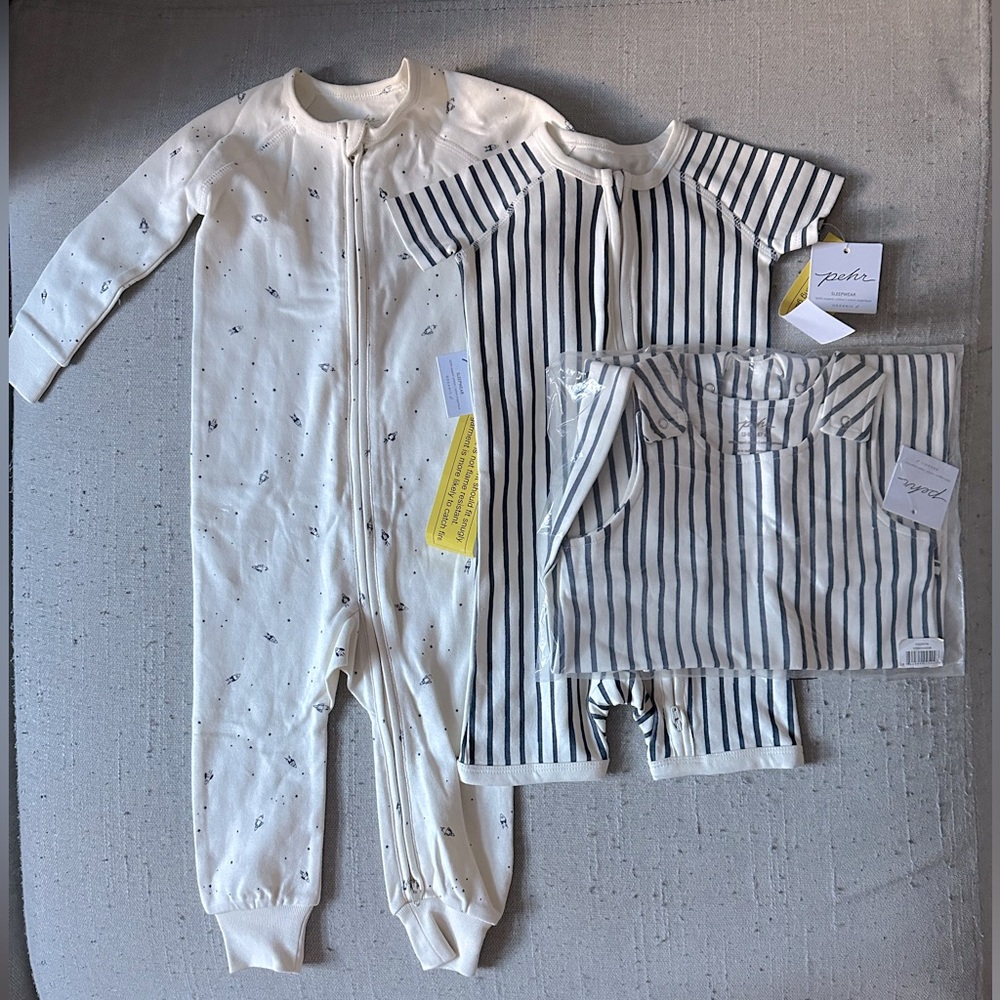 NWT Set of 3 Pehr Baby Boy Rompers, Sz 12-18 mos.